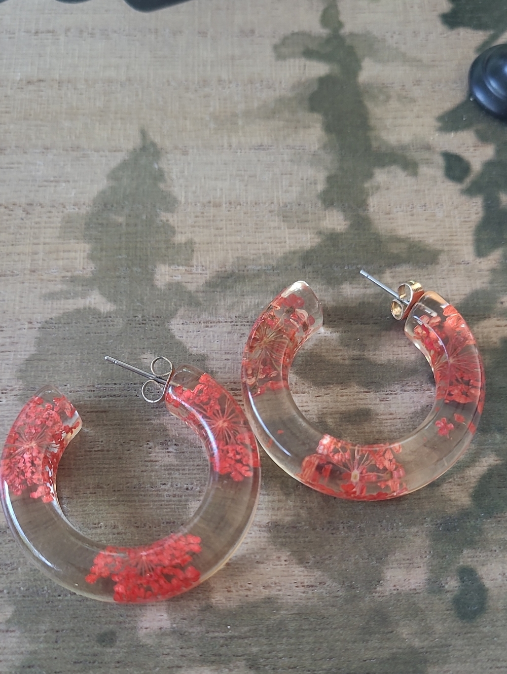 Clear Resin Hoop Earrings with Red Floral Inlay - Women Jewelry
